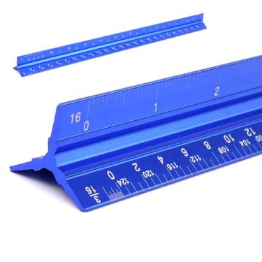 Imagem de Régua de escala arquitetônica de 30 cm, ferramentas de medição de arquitetura de metal de liga de alumínio imperial, réguas de escala de arquiteto triangular, azul