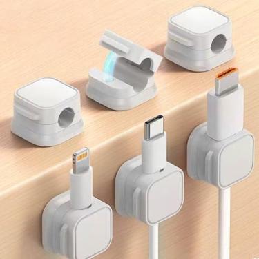 Imagem de Grampos de cabo elétrico adesivos, pacote com 6 organizadores de fios magnéticos ajustáveis para uso no carro, na parede da mesa, branco