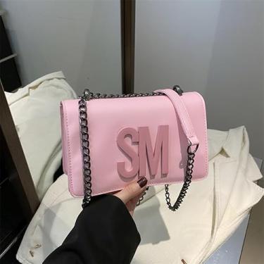 Imagem de Bolsa tiracolo com estampa de letras - Bolsa de ombro elegante com alça de corrente, bolsa quadrada pequena elegante (rosa)