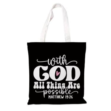 Imagem de Bolsa de lona bíblica - With God All Things are Possible, bolsa de lona cristã, reutilizável religiosa versículo bíblico sacos de mercearia, presente para mulheres cristãs, artigos de festa para