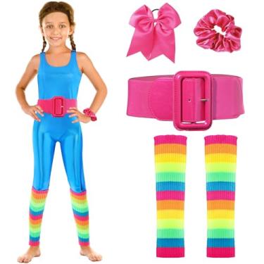 Imagem de Cuffbow Conjunto de acessórios de fantasia de boneca infantil Unitard 80's Party Knit Leg Warmer, cinto de couro envernizado, laço de cabelo (4-6 anos)