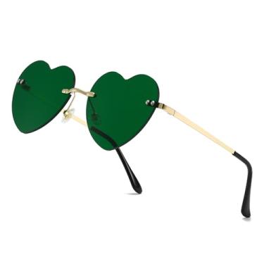 Imagem de SUNBSR Óculos de sol de coração sem aro para mulheres, modernos, bonitos, em forma de coração, óculos de festa, estilo adorável, óculos de amor, Verde, MM