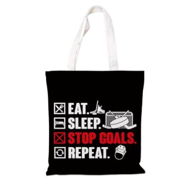 Imagem de Bolsa de hóquei de lona – Eat, Sleep, Stop Goals, Repeat, Canvas Tote Bag para amantes de hóquei, bolsa feminina de algodão, sacolas de compras reutilizáveis, presente de jogador de campo de hóquei no