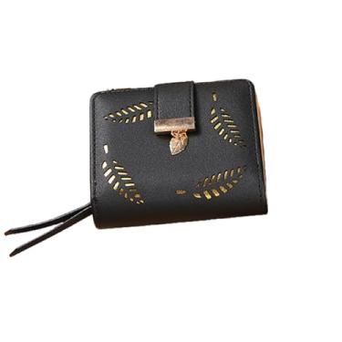 Imagem de Carteira feminina curta dobrável com folhas, compartimento para cartões, porta-moedas, carteira pequena, fivela com zíper, porta-moedas, vazada, moderna, porta-cartões, Preto, Simplicidade