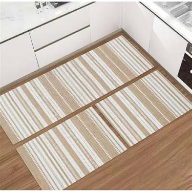 Imagem de Kit Tapete de Cozinha 3 Peças Luxo em Algodão Lavável – 2 Tapetes + 1 Passadeira Antiderrapante e Confortável (BEGE LISTRADO)