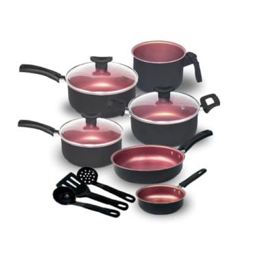 Imagem de Jogo de Panelas 9 Peças Antiaderente com Tampa de Vidro e Utensílios – Alumínio Reforçado, Design Moderno, Fácil de Limpar(Preto Rosé)