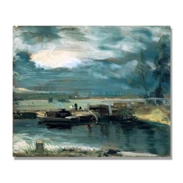 Imagem de NHLDZYH Arte de parede John Constable, (barcaças no rio Stuhr), pôster de pinturas famosas, decoração de parede com impressão de imagem retrô romantismo. Apenas tela de 60 x 72 cm - 23,6 x 28,3 pol