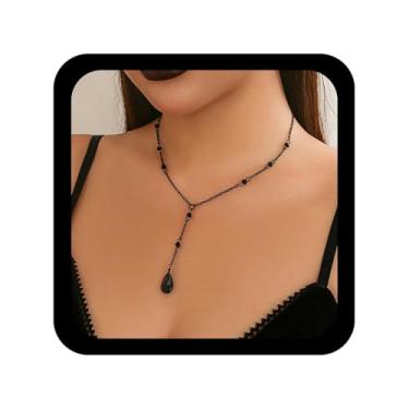 Imagem de Allereyae Colar gótico de gota de cristal preto colar de lariat de cristal preto em camadas de ônix gargantilha colares de contas longas colar de gota de ônix pingente de gota d'água joia de Natal
