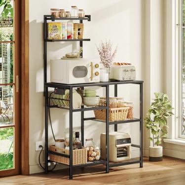 Imagem de Huuger Rack de padeiro de 80 cm com tomadas, suporte de micro-ondas de cozinha com armazenamento, barra de café com 4 ganchos, prateleiras abertas de 3 níveis de altura, preta