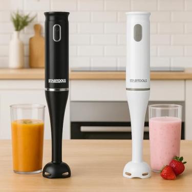 Imagem de Mixer Elétrico Compacto 127v com Copo 700ml, 200W, Preto e Branco, ABS, Lâminas em Aço Inox, Velocidade Variável, Design Ergonômico, para Vitaminas, Molhos, Shakes e Drinks