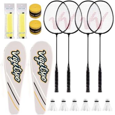 Imagem de Conjunto de raquete com petecas, cola de mão e bolsa de transporte | Conjunto de raquete de badminton de nível profissional | Design leve e aderência antiderrapante (preto-preto, 10 cm)