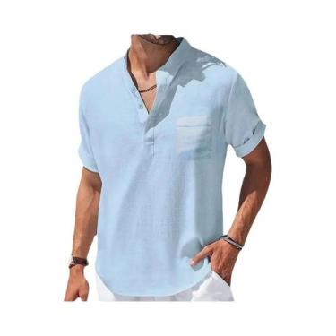 Imagem de Camisa Casual De Verão Masculina Com Gola Henley Em Algodão E Linho, R