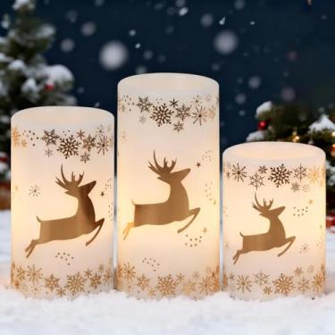 Imagem de Lasumora Velas de Natal de rena dourada com temporizador 6H, velas de LED de cera real cintilantes sem chama, pilar de vela operado por bateria para decoração de casa, decorações de Natal, presentes