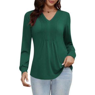 Imagem de Blusa túnica LUYAA feminina de manga comprida com decote em V, verde, 