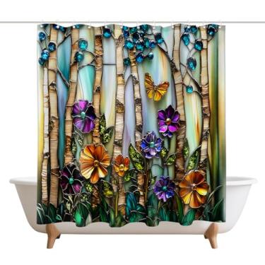 Imagem de XMWYTJ Cortinas de chuveiro de vidral de bétula, decoração de porta de celeiro, tecido de poliéster, à prova d'água, conjunto de cortinas de banheiro com 12 ganchos, 180 x 189 cm