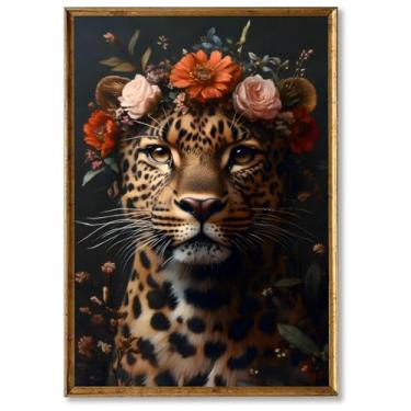 Imagem de Retrato de leopardo em tela arte de parede vintage imagem de leopardo eclético animal pôster animais e flores imagem coroa floral tela maximalista retrato de animal decoração sala de estar 40,6 x 61