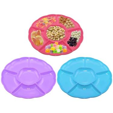 Imagem de CAOXIAOXUYAO Bandejas redondas de plástico de 30,5 cm com 3 unidades, 6 pratos secionais para servir pratos de alimentos para doces, nozes, vegetais, frutas, ação de graças (3, vermelho rosa, roxo