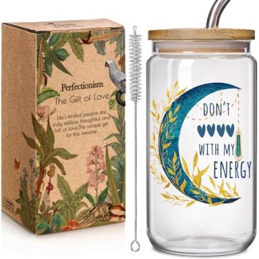 Imagem de Don't F With My Energy Witchy Presentes de aniversário de Natal para mulheres - Copo de vidro de 473 ml com tampa de bambu e canudo, presente de humor negro para amantes de café, copo de vidro lunar