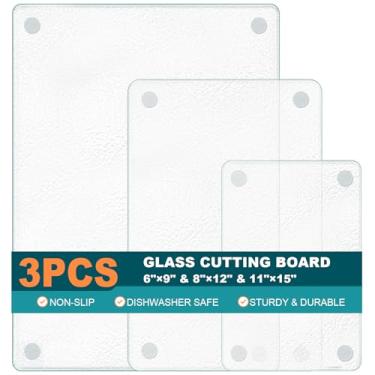 Imagem de PTYTIFY Pacote com 3 tábuas de corte de vidro temperado para balcão de cozinha, tábua de corte de vidro fosco transparente com pés antiderrapantes, resistente ao calor, resistente a arranhões, fácil