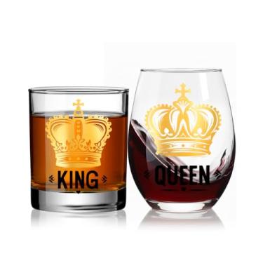 Imagem de 2 peças novidade presente de noivado casamento aniversário para casal, marido esposa, rei rainha vinho sem haste e copo de uísque, presente de chá de panela para casamento, presentes de casal para