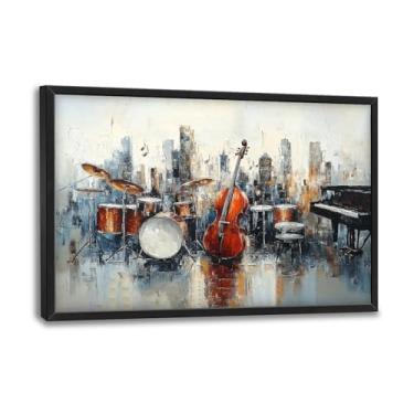 Imagem de Flintis Arte de parede emoldurada de violoncelo com música grande, imagens musicais de piano, decoração de parede, tambores e baixos, pintura abstrata, obra de arte, decoração emoldurada para sala de