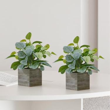 Imagem de Nztze Pacote com 2 plantas verdes artificiais com bases de cubo de madeira de 10 x 10 cm, folhagem sintética de 34,3 cm de altura para decoração de casa e escritório, estante de livros, quarto, sala