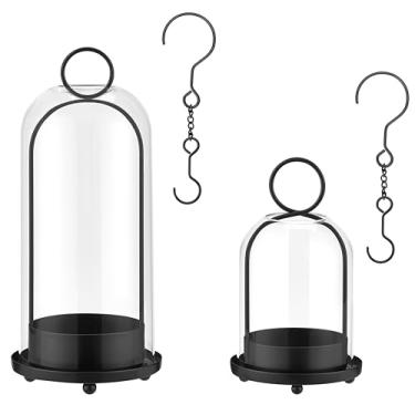 Imagem de Gdfmsc Suporte de vela Hurricane de metal e vidro preto, conjunto de 2, castiçal decorativo com vidro transparente para festa de casamento, Natal, feriado, mesa de jantar, centro de mesa, Lanter