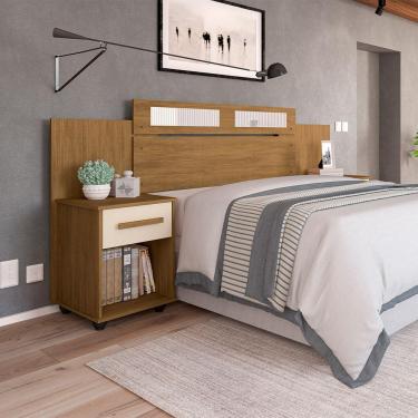 Imagem de Cabeceira Em Mdf Extensível Jade Com 2 Mesas De Cabeceira Canela/off White