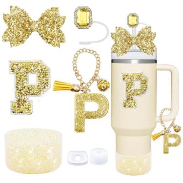 Imagem de Conjunto de acessórios de copo dourado de 7 peças para Stanley Cup 850 g/1,134 g, inclui tampa de canudo de joias, tampa à prova de derramamento, decorações de iniciais, pingente de alça, bota de