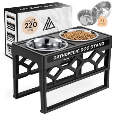 Imagem de Tigelas elevadas para cães AVERYDAY - 4 suportes ajustáveis para tigela para cães com 4 tigelas de aço inoxidável. Tigelas para cães perfeitas para cães grandes e idosos.AVERYDAY preto