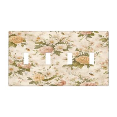 Imagem de Nadoabtm Capas para interruptores de luz, boho, vintage, rosas, rosa, vermelho, amarelo, buquê floral, quadriciclo, placa elétrica para parede de 4 grupos, placas decorativas para decoração de quarto