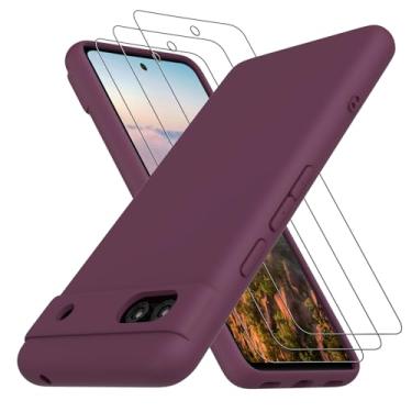 Imagem de Neseovge Capa de telefone para Google Pixel 7A com 3 películas de vidro temperado, TPU de silicone líquido macio com forro de microfibra, capa protetora de corpo inteiro para Pixel 7A, vermelho ameixa