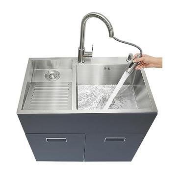 Imagem de TRGCJGH Pia utilitária com armário de penteadeira, pia de lavanderia independente com lavatório, pia dupla, lavatório de piscina para lavanderia (60 x 48 cm/23,6 x 18,8 pol, tábua esquerda)