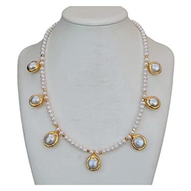 Imagem de URMIBDAI Colar feminino de pérolas brancas cultivadas em água doce, moeda branca, pingente de pérola, 47 cm