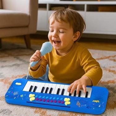 Imagem de Teclado Infantil Eletrônico com Microfone, 25 Teclas, 4 Ritmos, Função Gravação e Replay, Azul, Plástico ABS, 36,5x12x3,5cm, Acima de 3 Anos