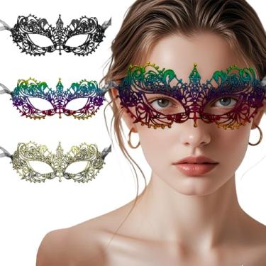 Imagem de Pacote com 3 máscaras de renda em forma, alças ajustáveis, renda de malha macia para baile de máscaras/festas/cosplay, decoração de fantasia formal reutilizável (preto/ouro/colorido)