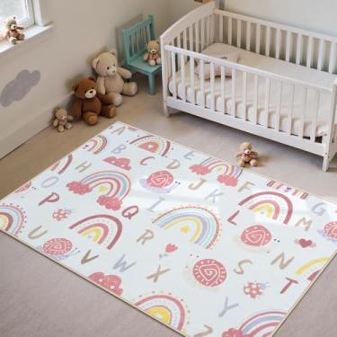 Imagem de LIVEBOX Tapete de quarto de alfabeto ABC infantil arco-íris 7 x 12 cm, tapete lavável para sala de jogos para meninas, antiderrapante, macio, fofo, para quarto de crianças (rosa)