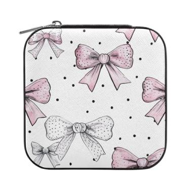 Imagem de SEHANY Caixa de joias personalizada com laço rosa para mulheres, meninas, mini estojo de joias de couro PU, organizador de joias de viagem, caixa de joias para brincos, anéis, colares, presentes para