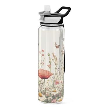 Imagem de ATTX Garrafa de água de flores silvestres e borboletas, 947 ml, à prova de vazamento e livre de BPA, garrafas de água reutilizáveis de plástico Tritan para viagens, academia, corrida (309)