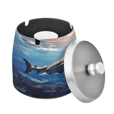 Imagem de Blueangle Sharks Groups Cinzeiro com tampa para cigarros, à prova de vento/chuva, aço inoxidável, sem fumaça, inodoro, cinzeiro para uso interno ou externo (505)