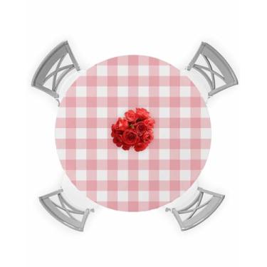 Imagem de Toalha de mesa redonda de dia dos namorados com elástico romântico, toalha de mesa xadrez xadrez de búfalo rosa para cozinha, festa romântica, decoração de dia dos namorados, impermeável, serve para
