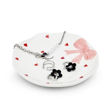 Imagem de Koythin Bandeja de joias Coquette Bow, prato de bugiganga de cerâmica para anéis, brincos, colares, pulseiras, chaves de relógio, presentes de decoração de quarto, suporte de perfume de vaidade
