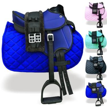 Imagem de Majestic Ally Conjunto de selim infantil multiuso de 5 peças de couro sintético – sela de pônei de 30 cm com acessórios completos (azul royal, 30 cm)