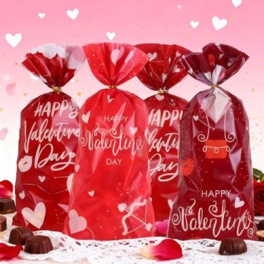 Imagem de Sacos de presente de papel para Dia dos Namorados com padrão de coração, pacote com 50 sacos de presente de plástico para dia dos namorados, 27 x 12 cm, sacos de guloseimas de celofane para