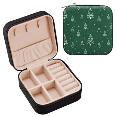 Imagem de Wassud Caixa de joias de viagem simples de árvores de Natal para mulheres, meninas, senhoras, noiva, mini organizador de joias de couro PU, caixa quadrada de armazenamento de joias para brincos, anéis