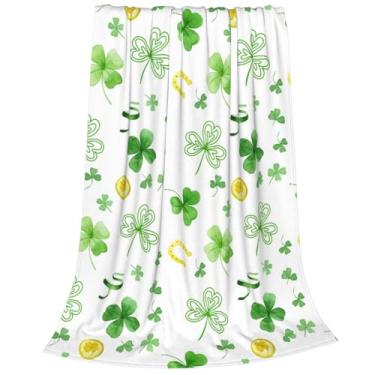 Imagem de Cobertor de trevo do dia de São Patrício, cobertor de flanela em ferradura de ouro trevos verdes da Irlanda, cobertor de flanela macio e leve e quente para sofá, cadeira de sofá, 76 x 101 cm