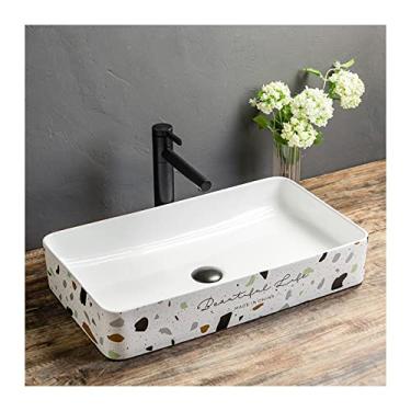Imagem de Pias de banheiro 61 x 34,8 cm, pia de banheiro retangular, cerâmica branca acima do balcão, pia de vaso de cerâmica sem orifício de transbordamento, pia de pia com torneira preta e pia de vaso de