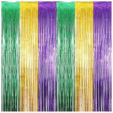 Imagem de Pacote com 4 cortinas de franja de folha de carnaval de 1 m x 2,5 m, cortina de fundo verde dourado e roxo, fundo metálico de tinsel para decoração de festa de aniversário de Mardi Gras Oktoberfest