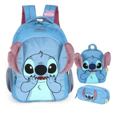 Imagem de Kit Mochila de Costas Lancheira Estojo Peluciada Stitch - Luxcel, Azul