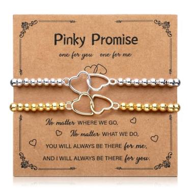 Imagem de Hinly Pulseira para casais com contas elásticas feitas à mão com pingente de coração duplo com cartão para mulheres e homens, para ele e seu relacionamento, joias de amizade, presente de dia dos